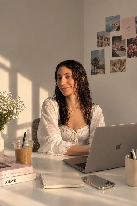 Maram at her desk with a laptop