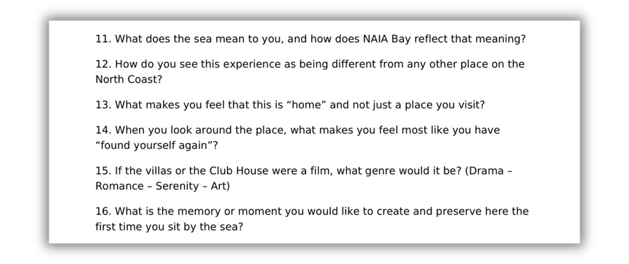 A page of Maram’s interview script, questions 11 to 16, about the sea, home and memory
